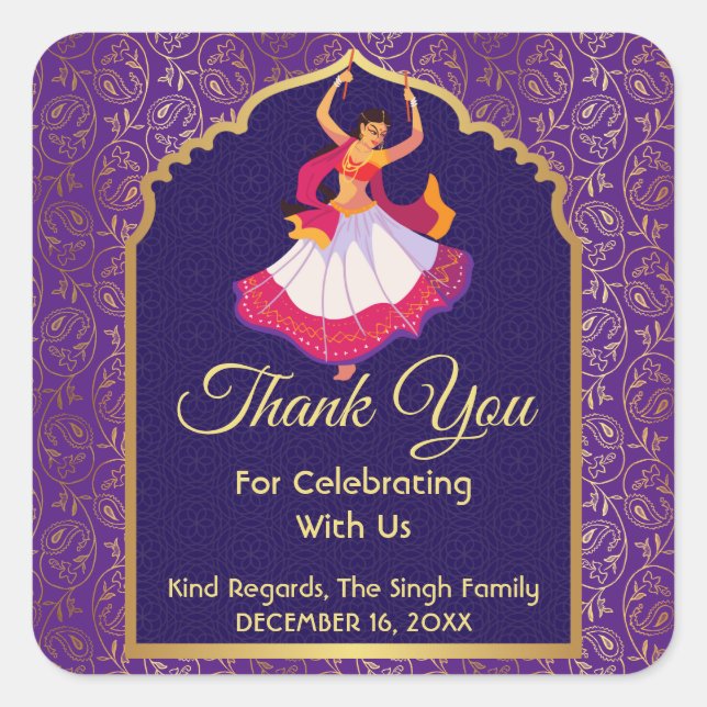 Purple Asian Arabian golden pattern border Mehndi  Square Sticker (Front)