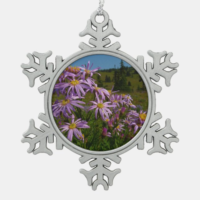 Purple Aster Flowers at Mount Rainier Snowflake Pewter Christmas Ornament (Front)