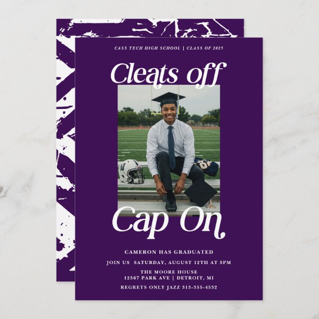 Purple Athlete Graduation Cleats off Cap On Invitation (Front/Back)