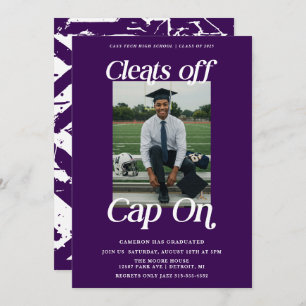 Purple Athlete Graduation Cleats off Cap On Invitation