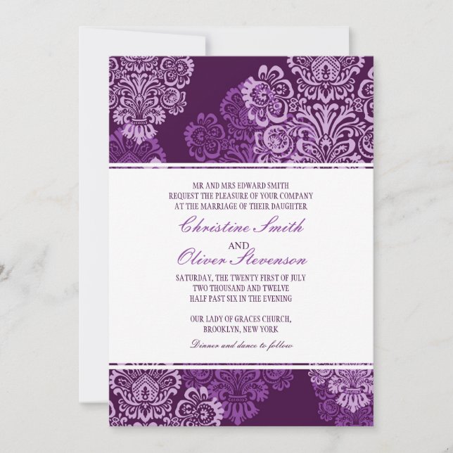 Purple Aubergine Damask Wedding Invitation (Front)