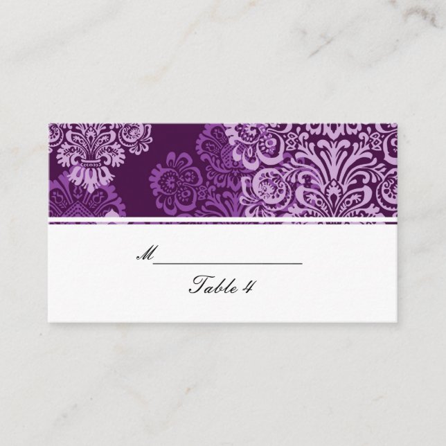 Purple Aubergine Damask Wedding Place Cards (Front)