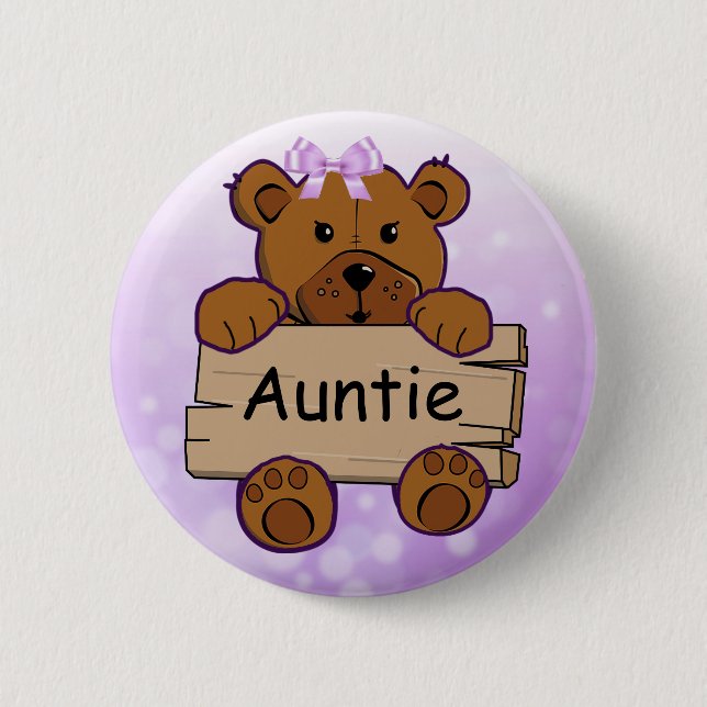 Purple Auntie Teddy Bear Baby Shower 6 Cm Round Badge (Front)