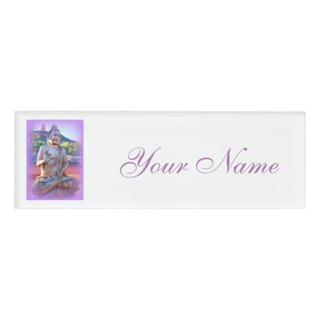purple aura meditating buddha name tag (Front)