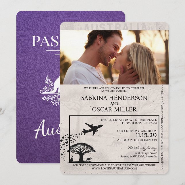 Purple Australia Passport Wedding Invitation (Front/Back)