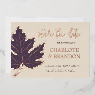 Purple  Autumn Maple Leaf Wedding Save The Date 