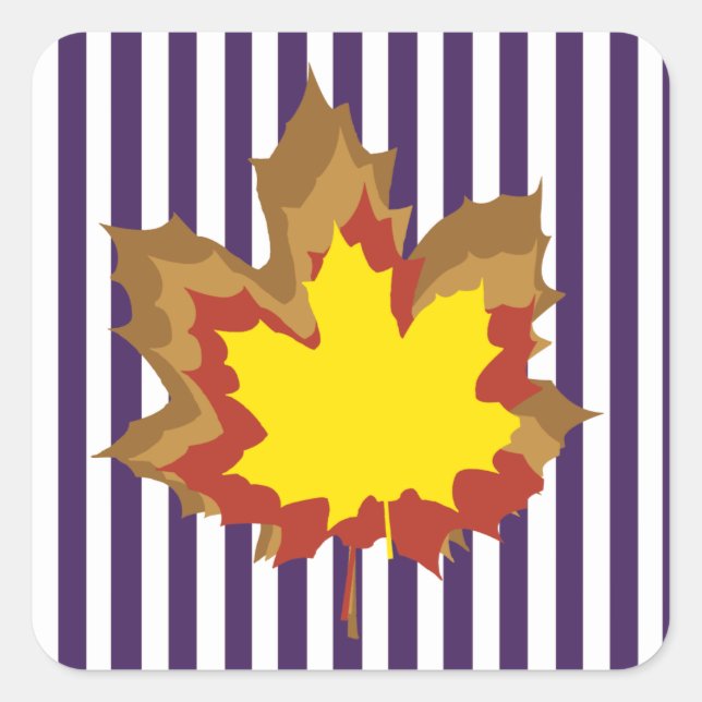 Purple Autumnal Stripes with Leaves Square Sticker (Front)
