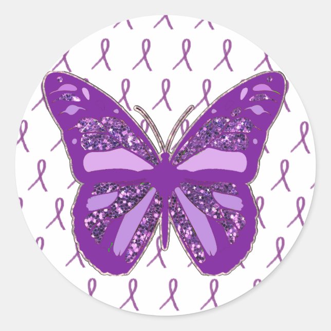 Purple Awareness Butterfly Stickers with Ribbons (Front)