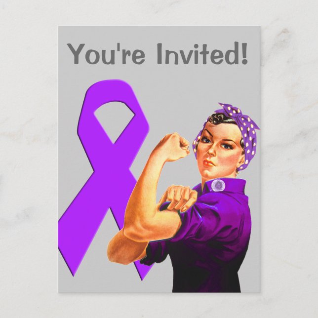 Purple Awareness Ribbon Rosie the Riveter Invitation Postcard (Front)