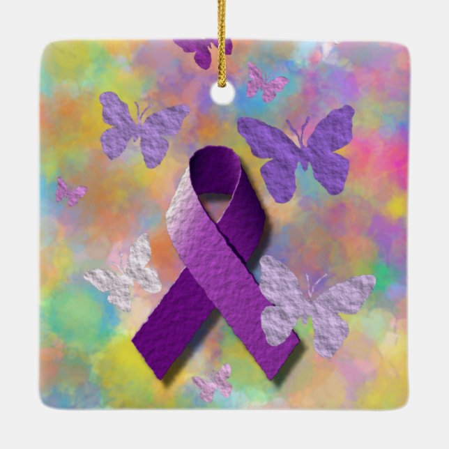 Purple Awareness Ribbon with butterflies Ceramic Tree Decoration (Back)