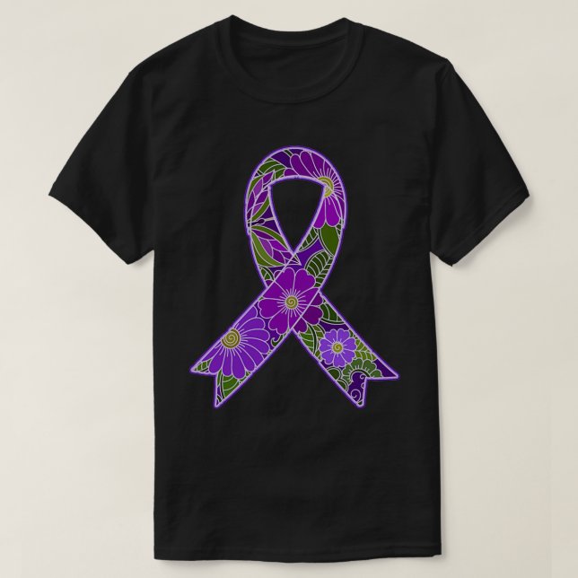 Purple Awareness Ribbon with Floral Design T-Shirt (Design Front)