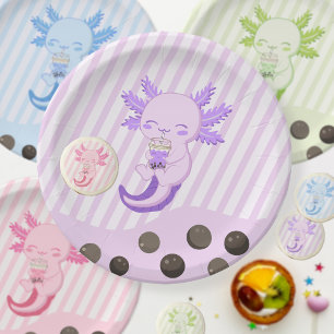 Purple Axolotl Bubble Boba Par-tea Birthday Party Paper Plate