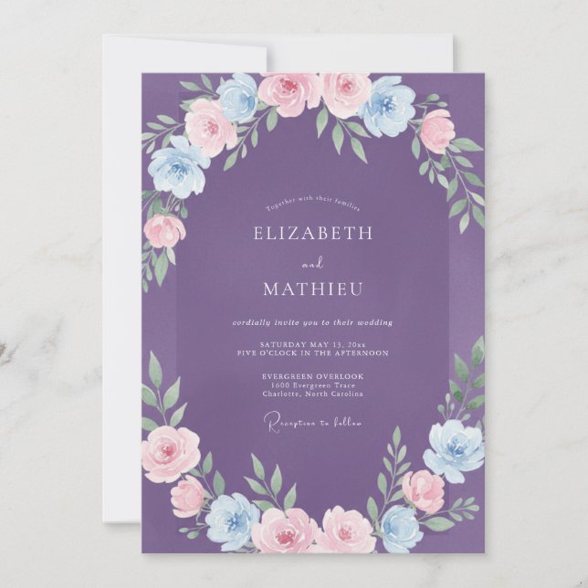 Purple Azure Ranunculus Eucalyptus Wedding Invitation (Front)