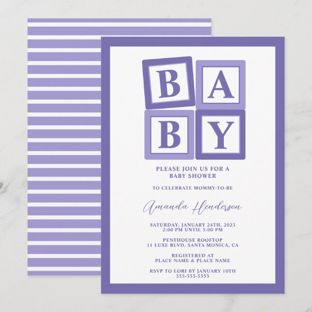 Purple Baby Blocks Girl Baby Shower Invitation (Front/Back)