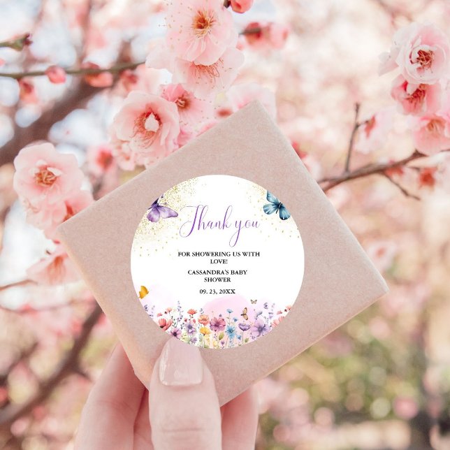 Purple Baby butterfly Baby shower Classic Round Sticker (Creator Uploaded)