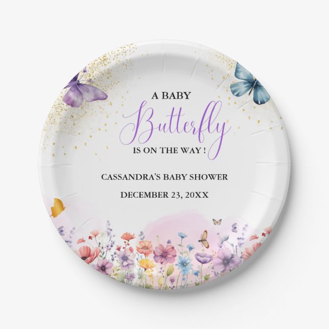 Purple Baby butterfly Baby shower Paper Plate (Front)