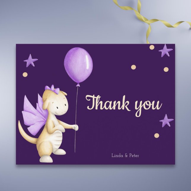 Purple Baby Dragon Thank You Girl Baby Shower Postcard (Cute purple dragon thank you baby shower postcard)