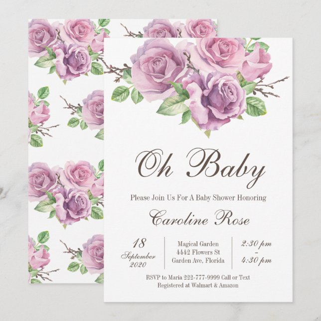 Purple Baby Girl Shower Invitations, Purple Flower Invitation (Front/Back)