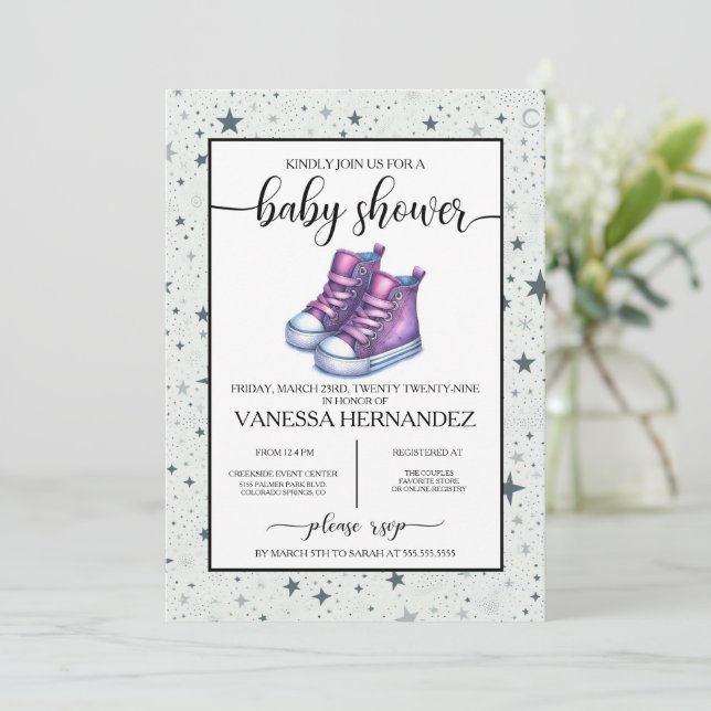 Purple Baby High Tops Baby Shower Invitation (Standing Front)