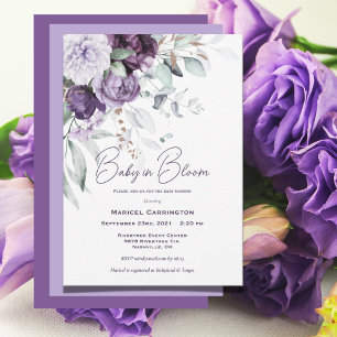 Purple Baby in Bloom Watercolor Modern Baby Shower Invitation