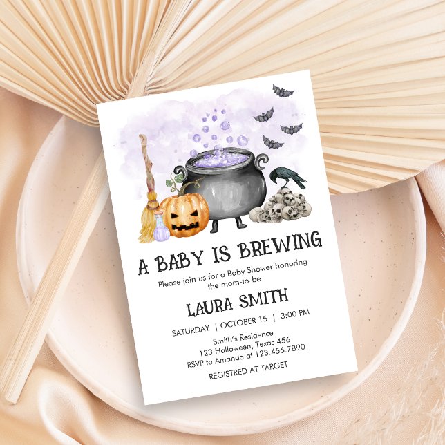 Purple Baby is Brewing Halloween Baby Shower Invitation (A Baby is Brewing Purple Halloween Baby Shower Invitation)