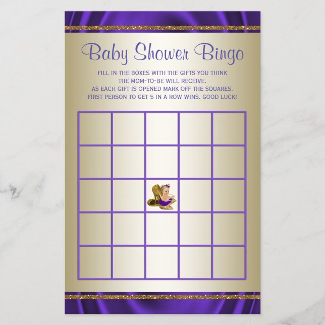 Purple Baby Shower Bingo Girl Baby Shower Games (Front)