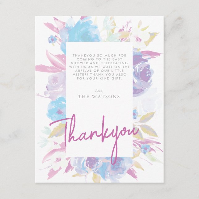 Purple Baby Shower Floral Watercolor Thank You Card (Front)