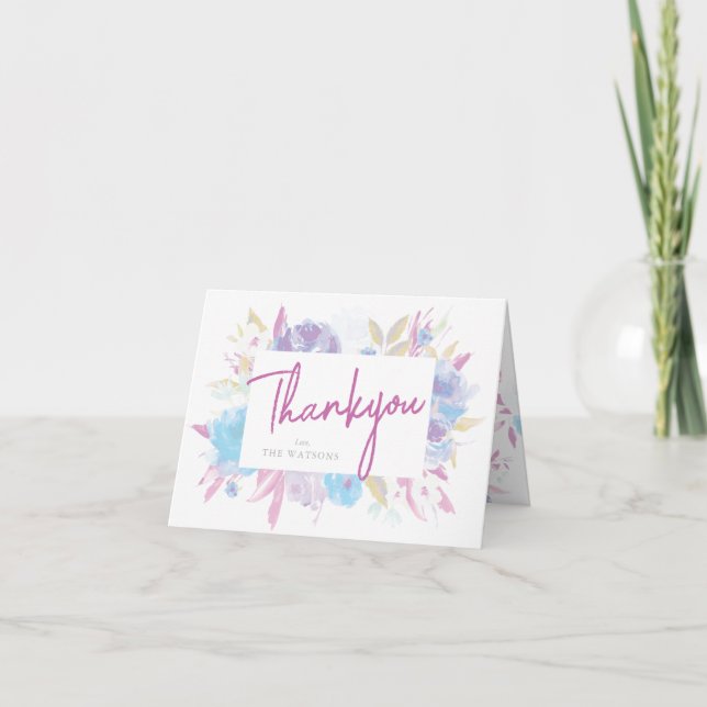 Purple Baby Shower Floral Watercolor Thank You Card (Front)