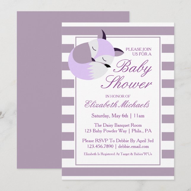 Purple Baby Shower Fox Invitation (Front/Back)