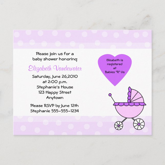 Purple Baby Shower Invitation Carriage Postcard (Front)