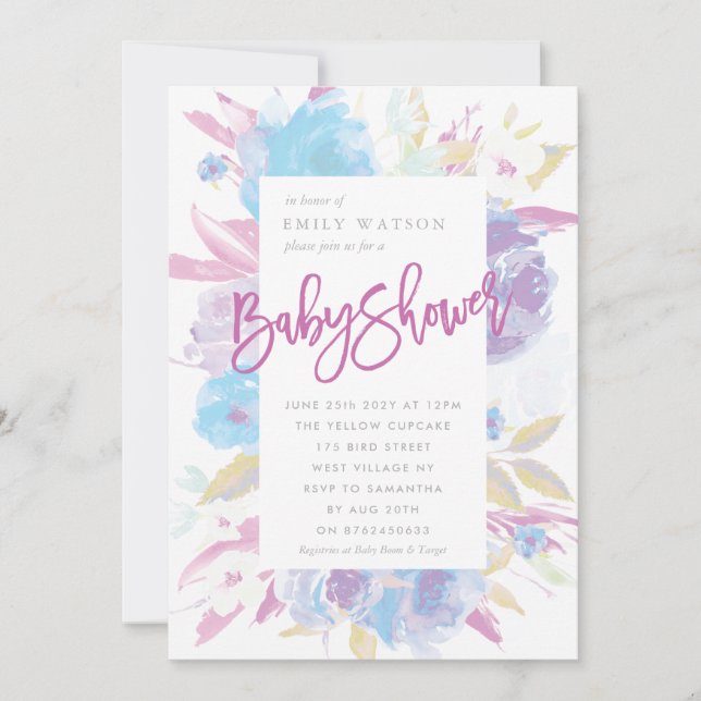 Purple Baby Shower Invitation Floral Watercolor (Front)