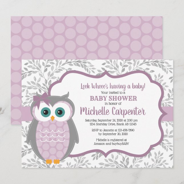 purple baby shower invitation girl woodland owl (Front/Back)