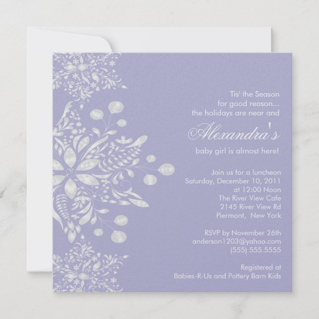 Purple Baby Shower Invitation Winter Snowflakes (Front)