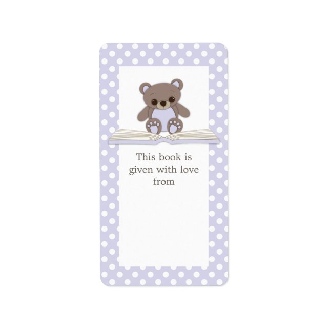 Purple Baby Teddy Bear & Book Gift Bookplate Label (Front)