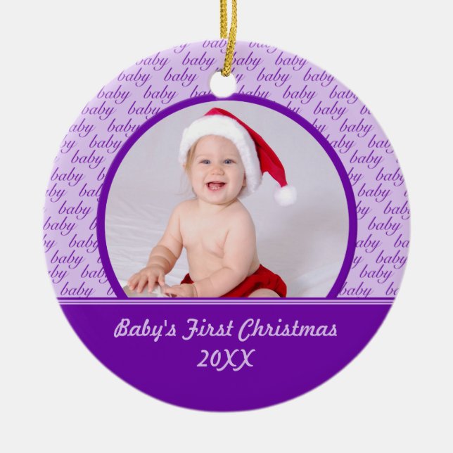 Purple Baby's First Christmas Photo Ornament (Front)