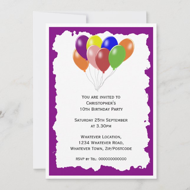 Purple Background Balloons Design Birthday Party Invitation (Front)