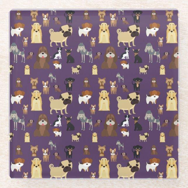purple background dogs pattern. glass coaster (Front)