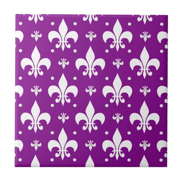 Purple Background Fleur-de-lis Pattern Design  Tile (Front)