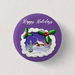 Purple Background with Christmas Tree, House 3 Cm Round Badge