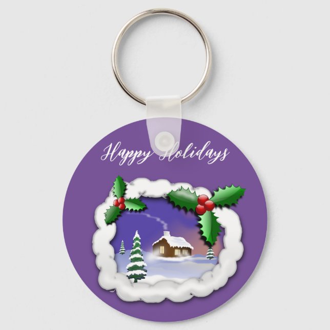  Purple Background with Christmas Tree, House Key Ring (Front)