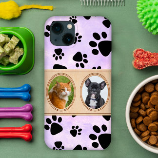 Purple background with paws, custom pet photo iPhone 13 case