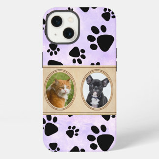 Purple background with paws, custom pet photo iPhone 13 case