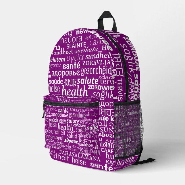 Purple Backpack with Multilingual Health Text (Back Corner Right)