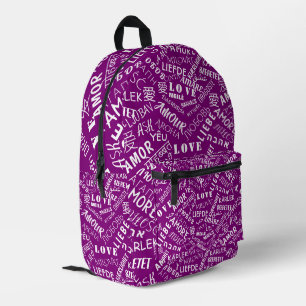 Purple Backpack with Multilingual Love Text