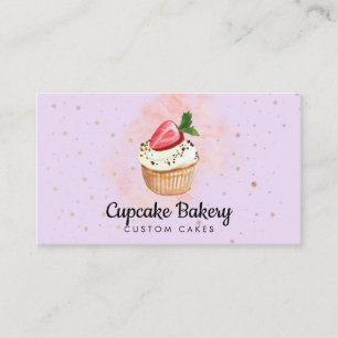 Purple Baker Pastry Watercolor Strawberry Cupcake Business Card