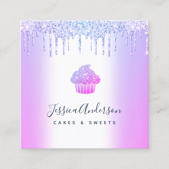 Purple Bakery Cupcake Pastry Chef Glitter Drips Square Business Card (Front)