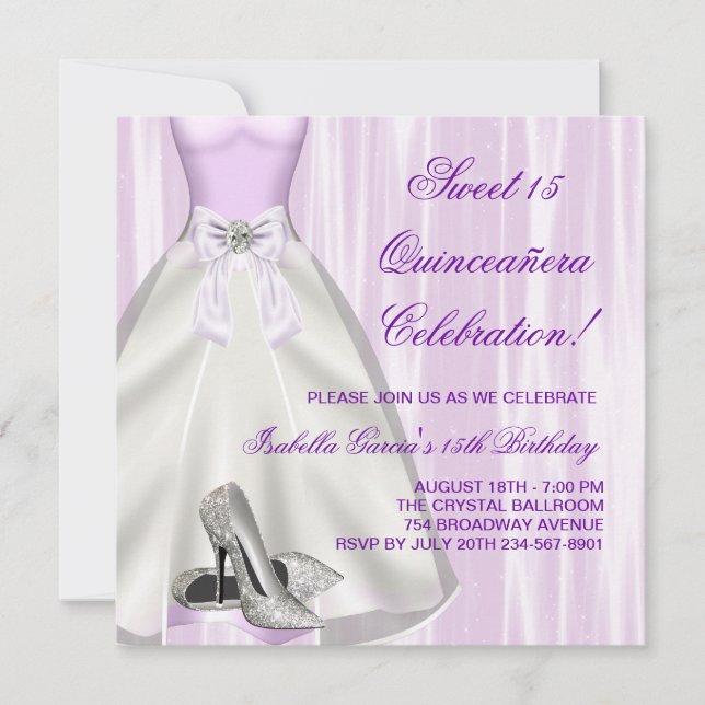 Purple Ball Gown High Heel Shoes Quinceanera Invitation (Front)