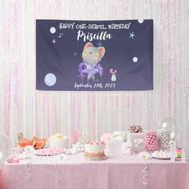 Purple Ballerina Cat Kids Birthday Party Banner (Party)