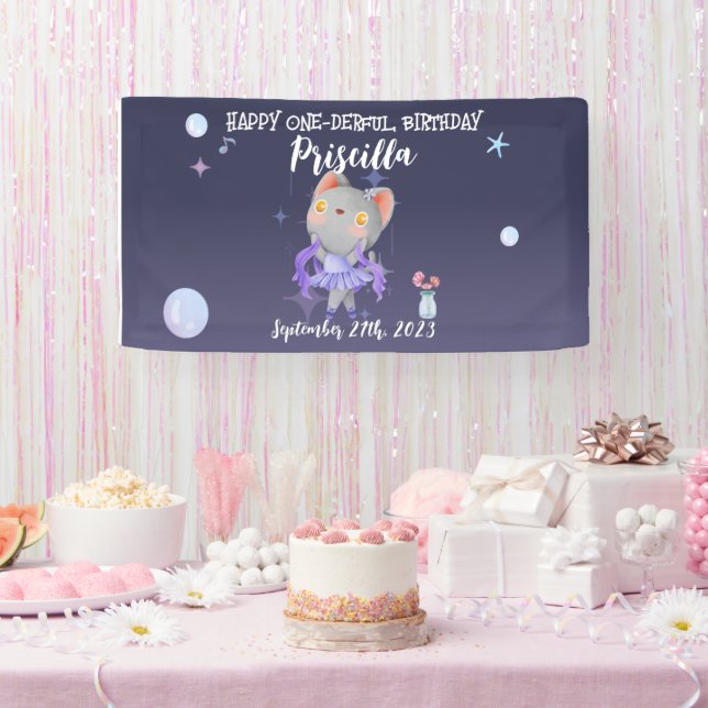 Purple Ballerina Cat Kids Birthday Party Banner (Party)
