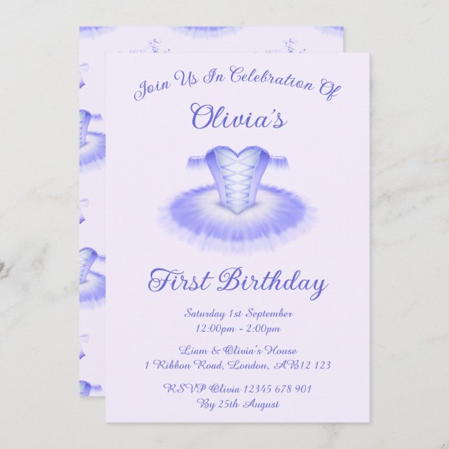 Purple Ballet Birthday Tutu Watercolour Invitation (Front/Back)